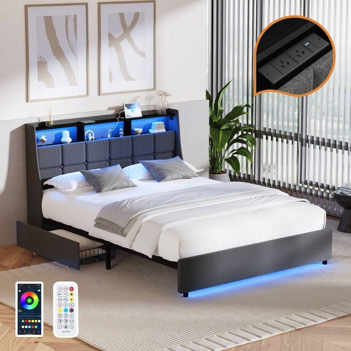 Oikiture Bed Frame Double Size with Storage Drawers & Charging Station LED Light Headboard