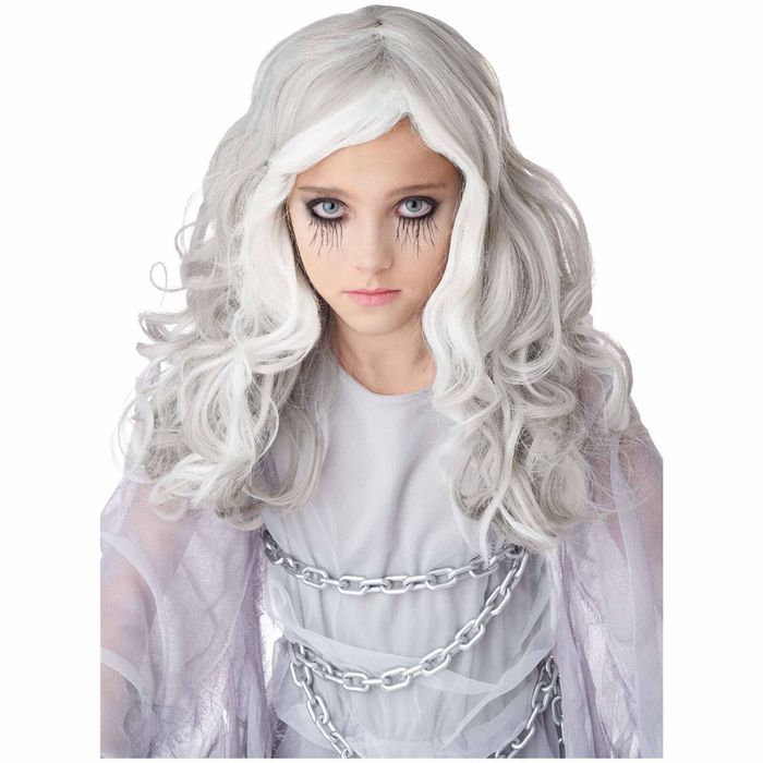 Glow in the Dark Ghost Soul White Grey Horror Halloween Child Girls Costume Wig