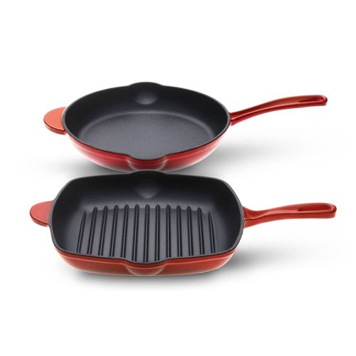 Gourmet Kitchen Cast Iron Fry Pan and Grill Pan 2 Piece Set Black