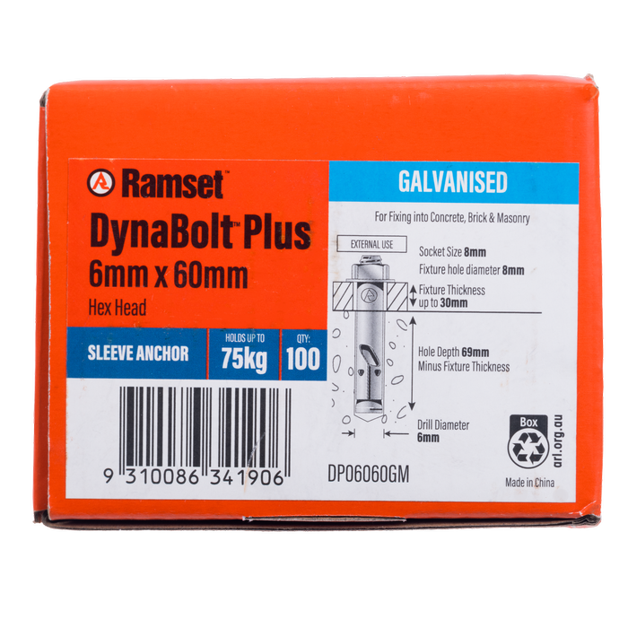 Ramset 6 x 60mm Countersunk Galvanised DynaBolt Plus Masonry Anchor