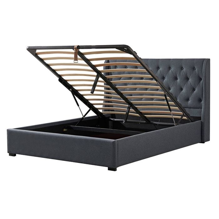 Foret Bed Frame Queen Gas Lift Storage Base Bedroom Furniture Fabric Grey Gray Dark