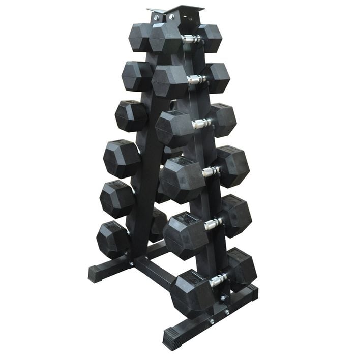 150kg - 6 Pair Hex Rubber Dumbell Weight Set With 5_6p Rack