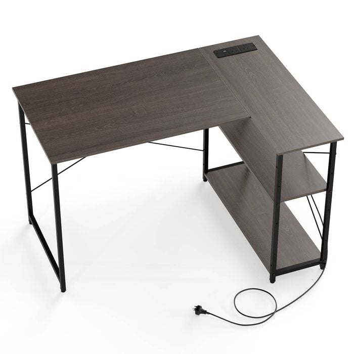 Costway L-shaped Corner Computer Desk W/power Outlet Reversible Gaming Table Grey
