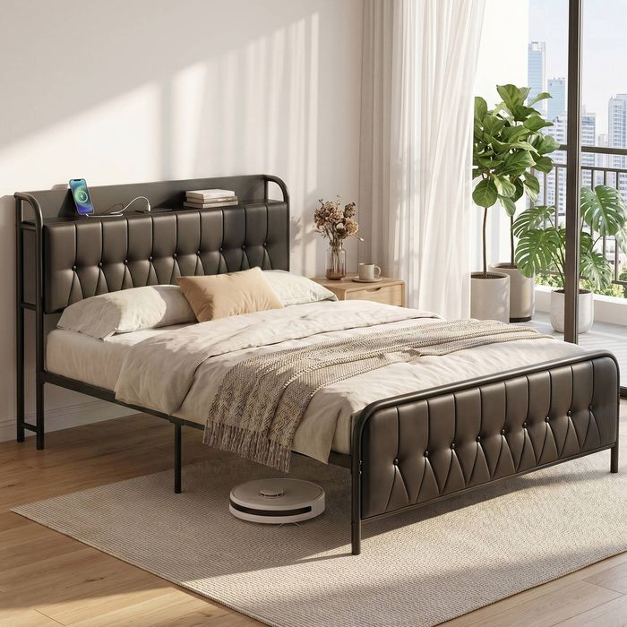 Artiss Double Bed Frame Storage Headboard Charging Station Black