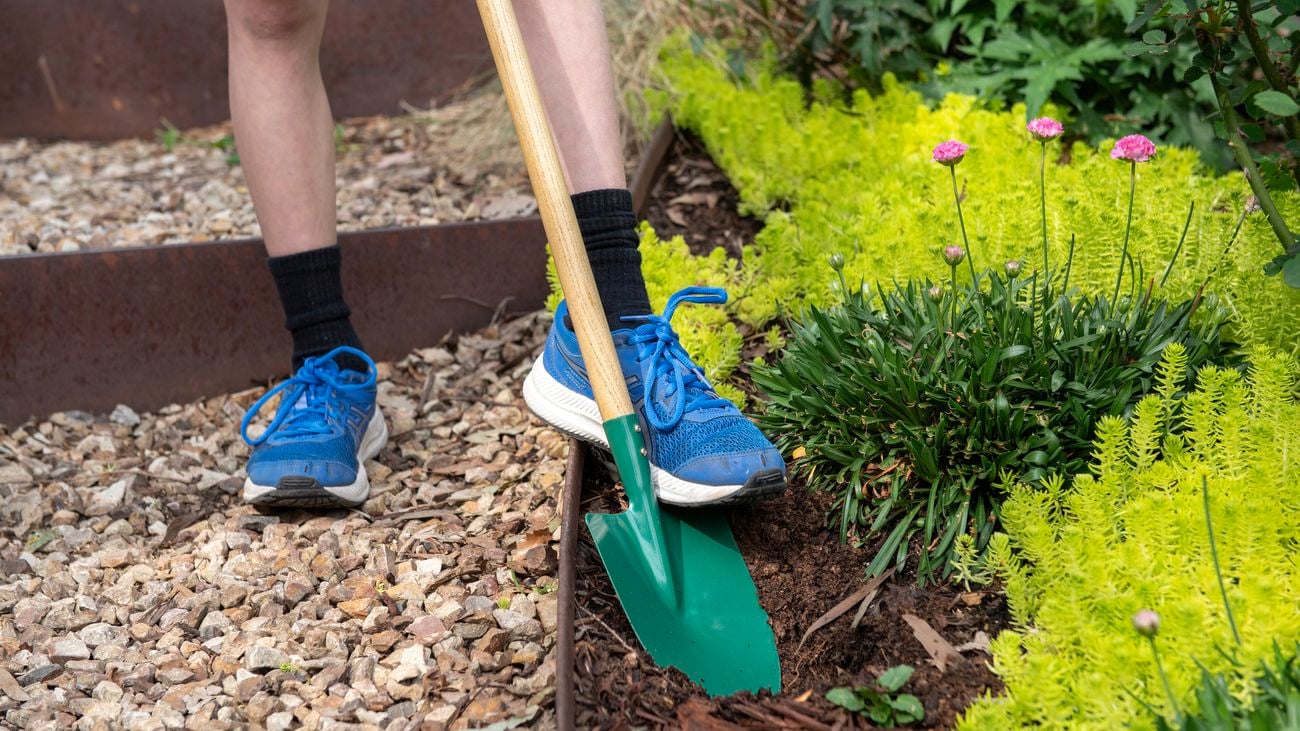 Child’s legs push kids’ shovel into garden bed
