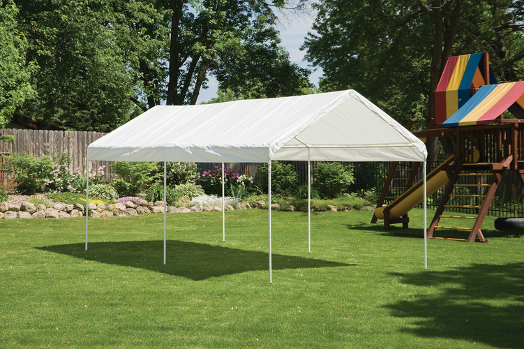 White portable carport with fabric roof on frame