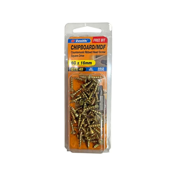 Zenith 6G x 16mm Gold Passivated Square Drive Chipboard Screw - 45 Pack