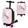 Advwin 2-in-1 Kids Ride-on Luggage w/ Wheels Foldable Scooter Suitcase Dinosaur Pink