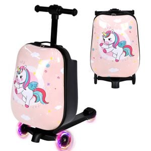 Advwin 2-in-1 Kids Ride-on Luggage w/ Wheels Foldable Scooter Suitcase Dinosaur Pink