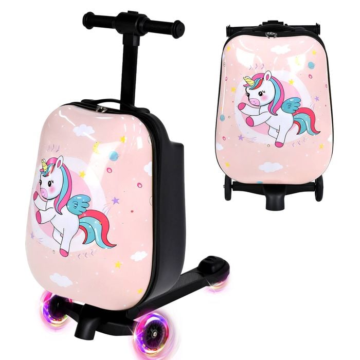 Advwin 2-in-1 Kids Ride-on Luggage w/ Wheels Foldable Scooter Suitcase Dinosaur Pink