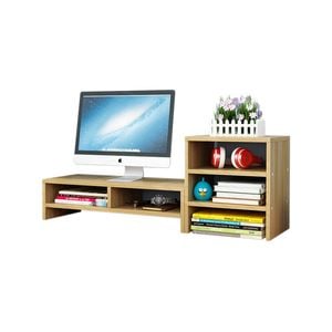 Double Tier Wooden Desk Monitor Riser With Storage Shelves Organizer