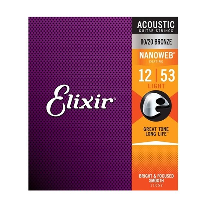 Elixir #11052 Acoustic Nanoweb Guitar String 80/20 Bronze 12-53 Light Gauge