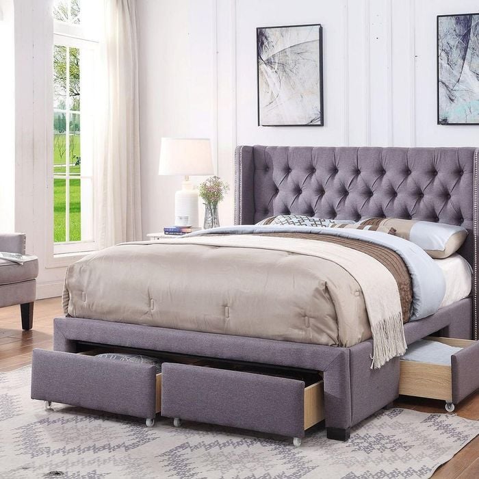 Bologna Premium Fabric Queen Bed Frame Grey Drawers