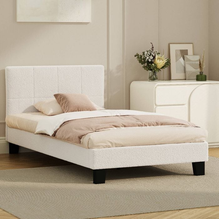 Oikiture Bed Frame King Single Size Base White Boucle TOFU