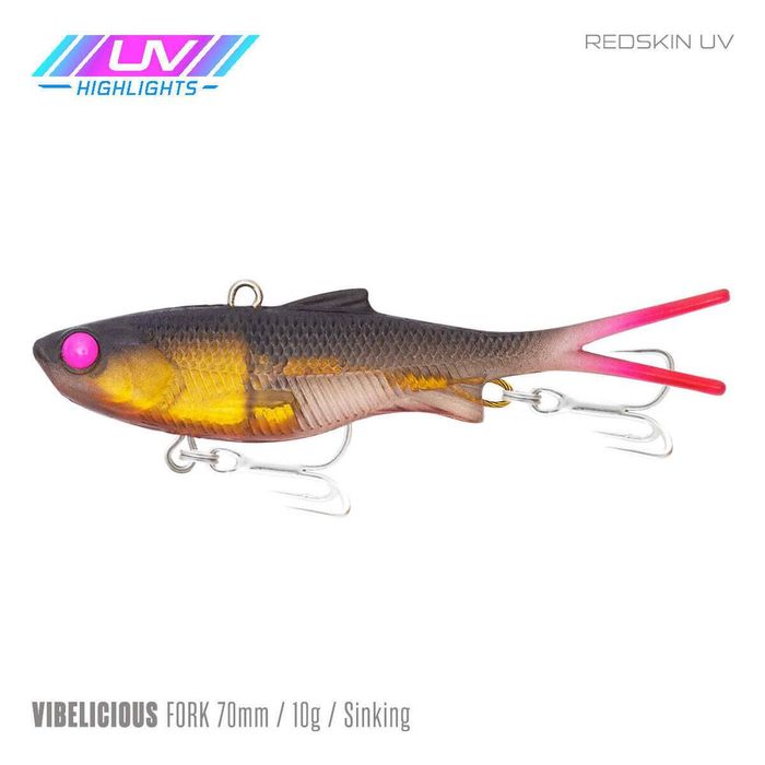 Samaki Vibelicious Fork Tail Vibe 70mm Soft Plastic Fishing Lure Redskin UV