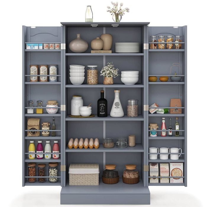 Costway 2 Doors Kitchen Buffet Cabinet W/3 Storage Areas 17 Shelves Grey