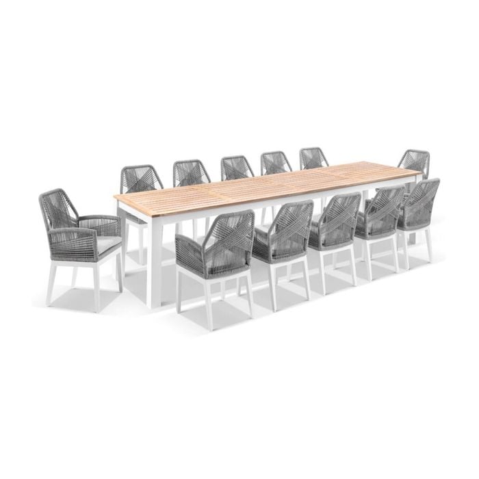Balmoral 3.55m Outdoor Teak Top Aluminium Table White With 12 Hugo Chairs & Textured Olefin Grey Cushions