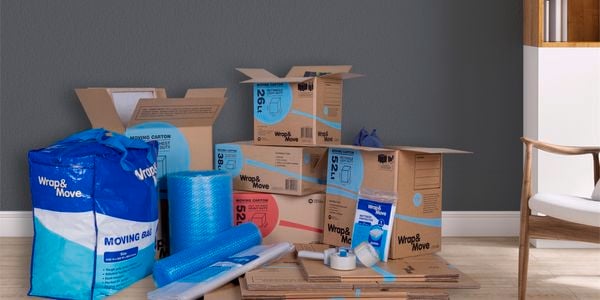 Assorted moving boxes, bags and bubble wrap.