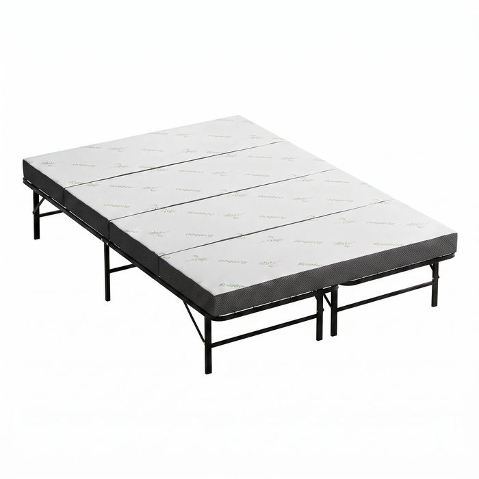 Giselle Queen Folding Bed with Mattress 4 Fold Metal Frame Guest Bed Bamboo Cover