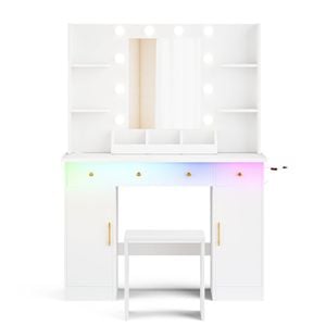 Ufuriture Makeup Vanity Desk with Mirror and Lights, White Dressing Table Set with Power Outlet & Color-Changing LED