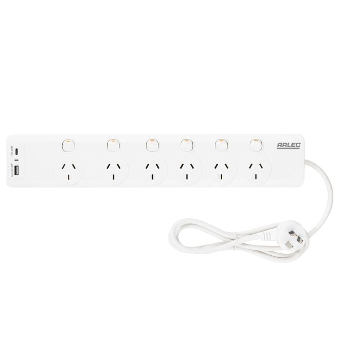 Arlec 6 Outlet Surge Protected Powerboard With PD20W Rapid Charging USBs