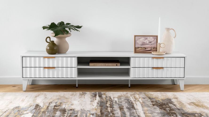 Groove White Ripple Airlie Entertainment Unit with rose gold handle balances minimalism with a hint of luxury
