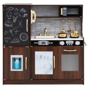 Costway Kids Kitchen Playset Pretend Cooking Toy W/blackboard Gift Brown