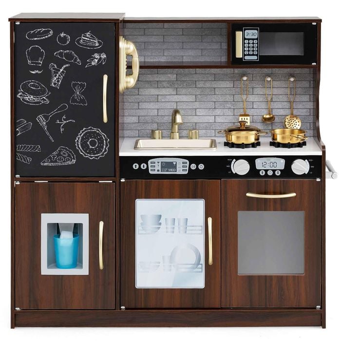 Costway Kids Kitchen Playset Pretend Cooking Toy W/blackboard Gift Brown