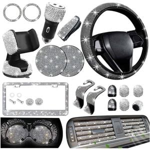 Catzon 27pcs Bling Car Accessories Set Universal Fit 15in Steering Wheel Covers-white