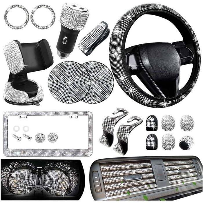 Catzon 27pcs Bling Car Accessories Set Universal Fit 15in Steering Wheel Covers-white