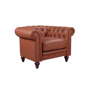 Single Seater Brown Sofa Armchair for Lounge Chesterfield Style Button Tufted in Faux Leather