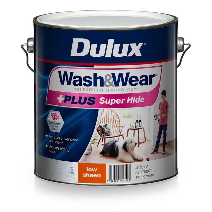 Dulux 4L Interior Paint Wash&Wear +PLUS Super Hide Low Sheen Strong White - 4L