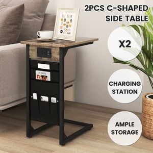 Costway 2x C-shaped End Table Sofa Side Table W/charging Station Rustic Brown