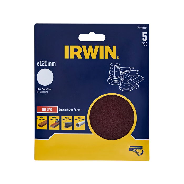 IRWIN 125mm 80 Grit Quick Fit No Holes Random Orbital Sanding Discs - 5 Pack 
