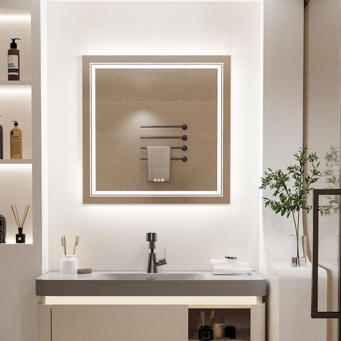 Oakory 80cm Square Led Bathroom Mirror Dual Front & Backlit 3-colour Dimmable Anti-fog Touch Control