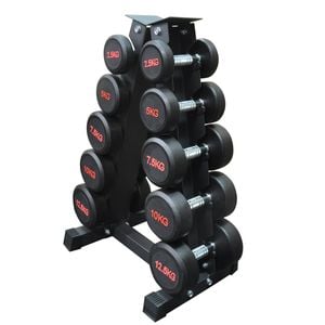75kg - 5 Pair Commercial Grade Rubber Dumbell Weight Set With Rack