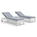 Kansas Outdoor Aluminium Sun Lounge Set on Wheels with Hugo Side Table White - Navy Stripe