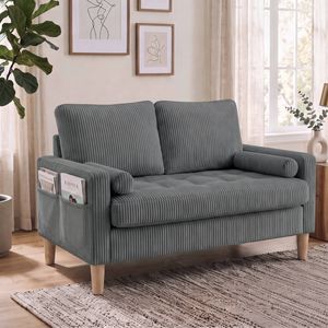 Advwin 121cm 2 Seater Sofa Corduroy Loveseat Couch w/ Tufted Seat Cushion & Side Pockets Grey