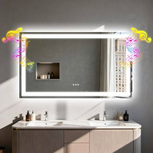 OAKORY 120x70cm Rectangular LED Bathroom Mirror with Bluetooth Speaker Dimmable Light Anti-Fog Touch Control