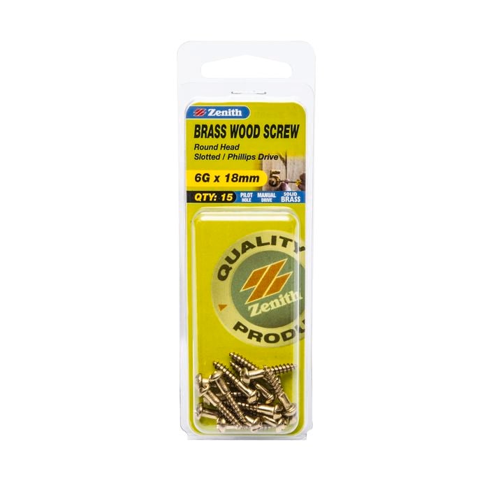 Zenith 6G x 18mm Solid Brass Wood Screw - 15 Pack