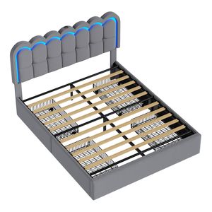 Ufurniture Double Velvet Bed Frame with Storage and Charging Gray