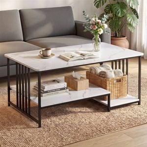 HOMFURN 2-Tier Marble-look Coffee Table, Black Metal Frame, 50kg Capacity Living Room Furniture