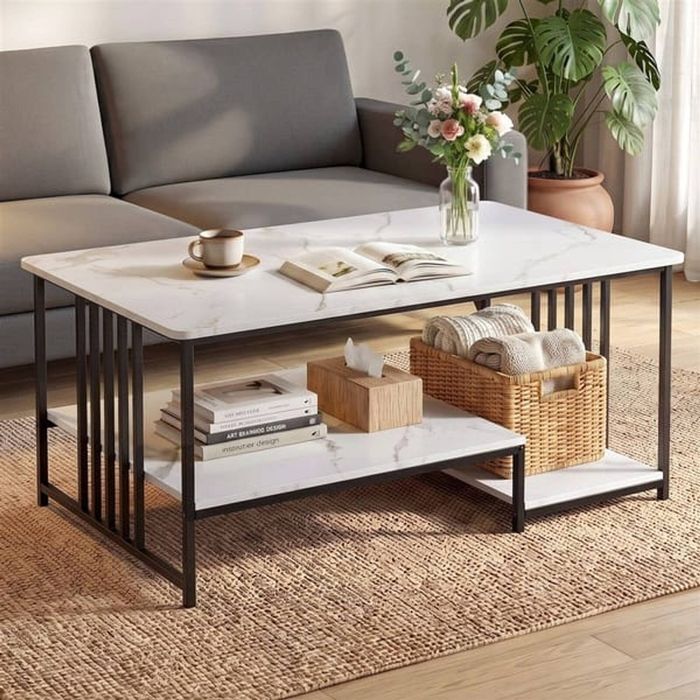 HOMFURN 2-Tier Marble-look Coffee Table, Black Metal Frame, 50kg Capacity Living Room Furniture
