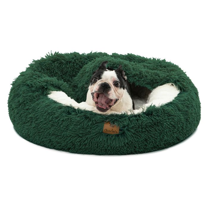Charlie's Hooded Faux Fur Calming Donut Dog Bed Eden Green - Large