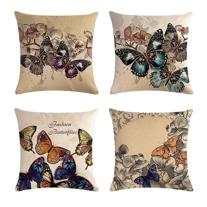 Catzon 4 Pcs Butterfly Throw Pillow Covers Square Linen Pillowcase for Couch