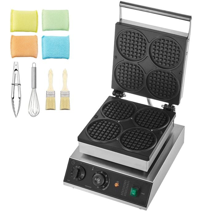 Vevor 1750w Commercial Waffle Maker Silver 4pcs Non-stick Stainless Steel With Temperature Control