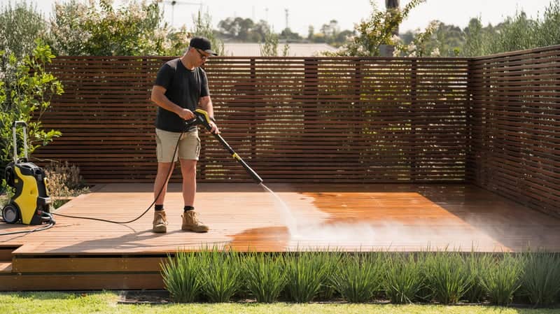 Man using hose to clean a deck