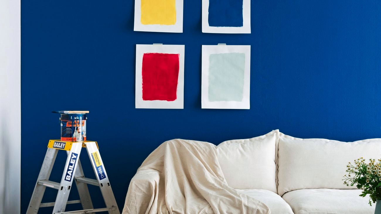 Living room during a paint renovation. Drop cloth over a sofa and paint swatches hung on a feature wall.