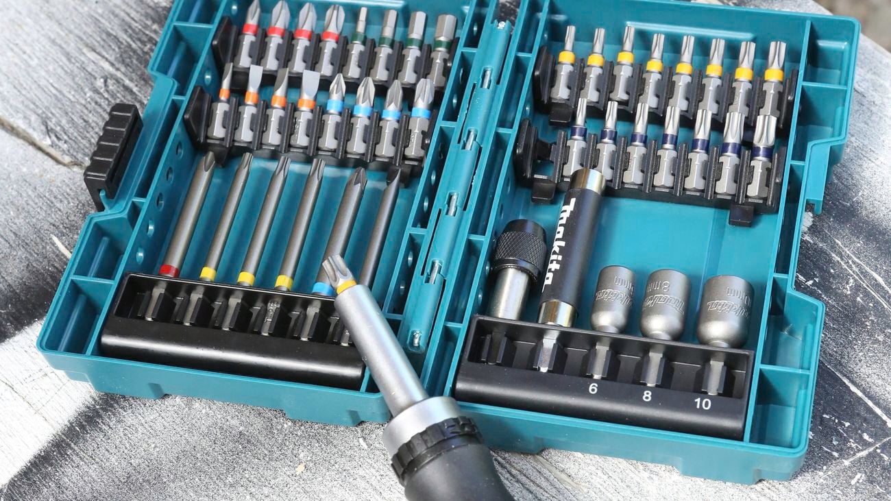 A close up image of a Makita 43 piece screwdriver bit set