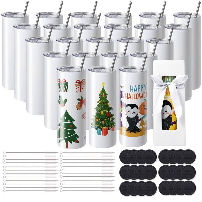 VEVOR 24 Pack Straight Sublimation Tumblers 20 oz Stainless Steel with Straw